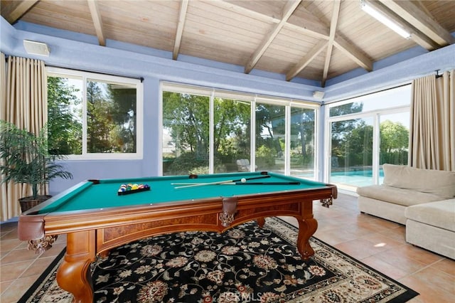 game room featuring pool table, wooden ceiling, and tile patterned flooring