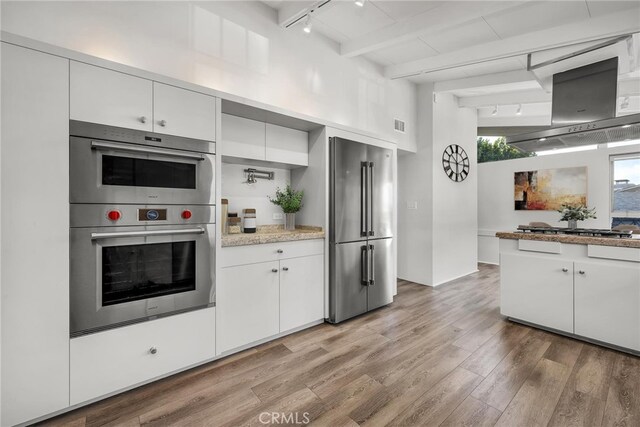 kitchen with rail lighting, light wood-style flooring, appliances with stainless steel finishes, and island range hood