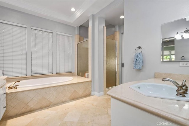 598 N Conejo School Rd, Thousand Oaks, CA 91362 - bathroom featuring vanity, a garden tub, a shower stall, ornamental molding, and marble finish floors