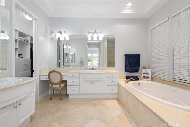 full bathroom featuring crown molding, a sink, a jetted tub, a shower stall, and two vanities