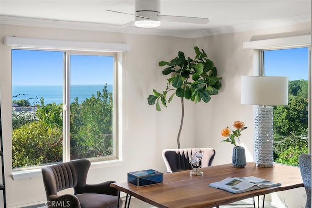 office featuring crown molding, a ceiling fan, and a water view