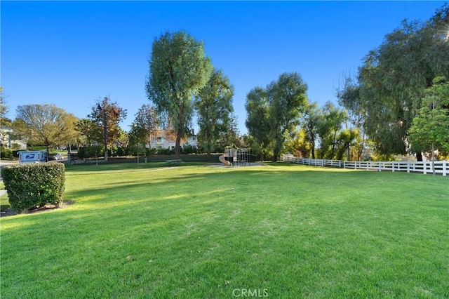 view of property's community featuring fence and a yard