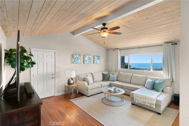 living area with lofted ceiling with beams, ceiling fan, hardwood / wood-style flooring, and wooden ceiling