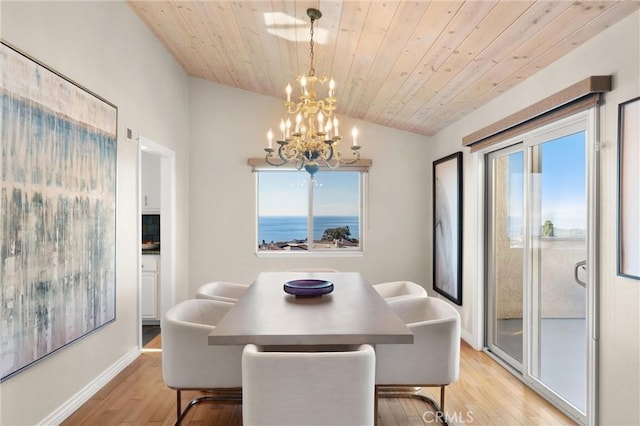 dining room featuring a chandelier, baseboards, light wood-type flooring, vaulted ceiling, and wood ceiling