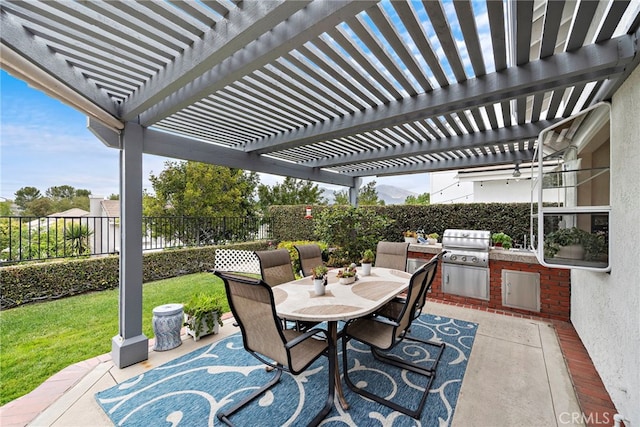 view of patio / terrace with outdoor dining area, a fenced backyard, a pergola, and area for grilling
