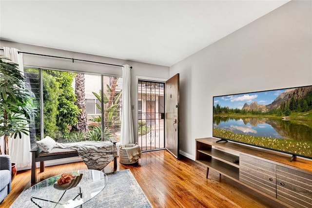 living area featuring baseboards and wood finished floors