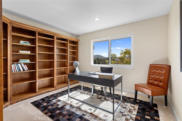 office area with carpet floors, recessed lighting, and baseboards