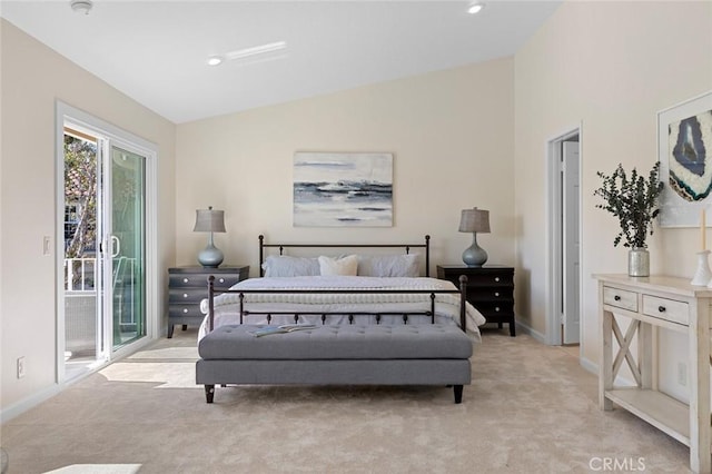 bedroom featuring baseboards, light carpet, access to exterior, and lofted ceiling