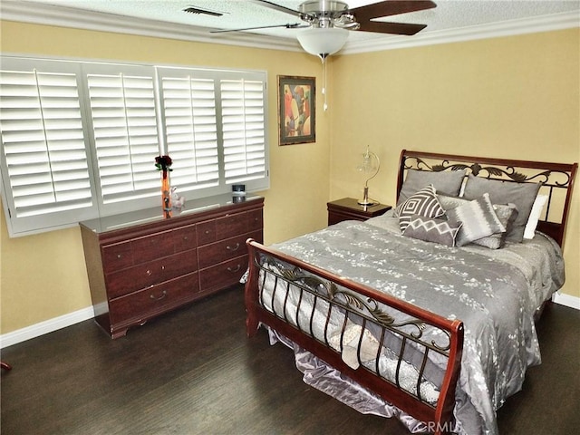 3915 Valencia Ave, San Bernardino, CA 92404 - bedroom featuring visible vents, crown molding, wood finished floors, baseboards, and a ceiling fan
