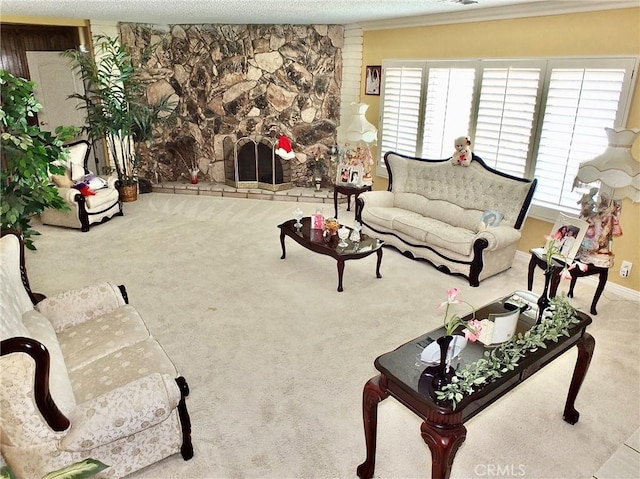 3915 Valencia Ave, San Bernardino, CA 92404 - carpeted living room with crown molding, baseboards, and a textured ceiling
