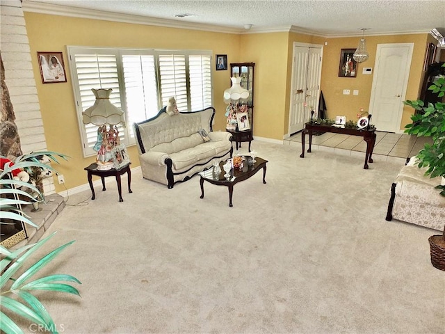 3915 Valencia Ave, San Bernardino, CA 92404 - carpeted living area with a textured ceiling, visible vents, ornamental molding, and baseboards