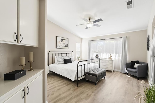 4972 Lake Shore Ct, Fallbrook, CA 92028 - bedroom with light wood finished floors, vaulted ceiling, ceiling fan, and baseboards