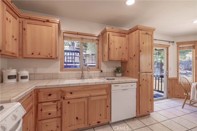 kitchen with a sink, dishwasher, a wealth of natural light, and light brown cabinetry