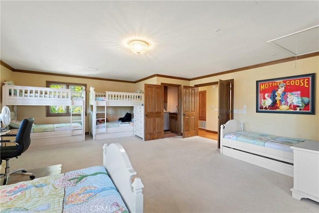 1031 Black Oaks Dr, Lake Arrowhead, CA 92352 - bedroom with attic access, light colored carpet, and crown molding