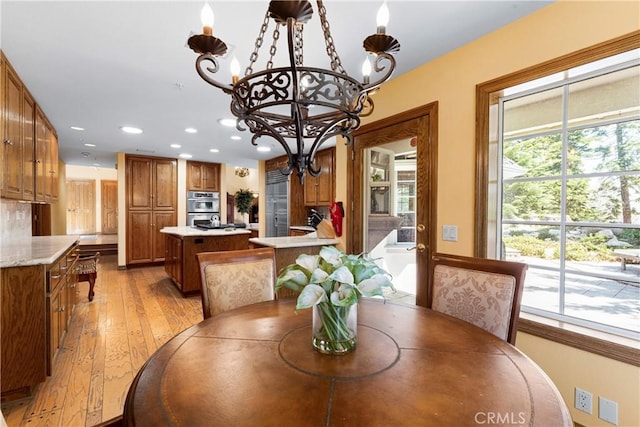 1031 Black Oaks Dr, Lake Arrowhead, CA 92352 - dining room with a chandelier, light wood-type flooring, and recessed lighting
