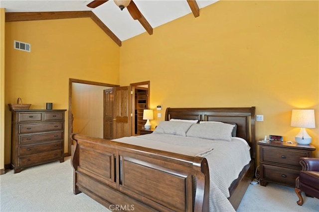 1031 Black Oaks Dr, Lake Arrowhead, CA 92352 - bedroom featuring light colored carpet, high vaulted ceiling, a ceiling fan, and beamed ceiling