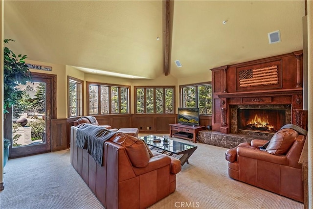 1031 Black Oaks Dr, Lake Arrowhead, CA 92352 - living area featuring carpet, a high end fireplace, wainscoting, and a decorative wall