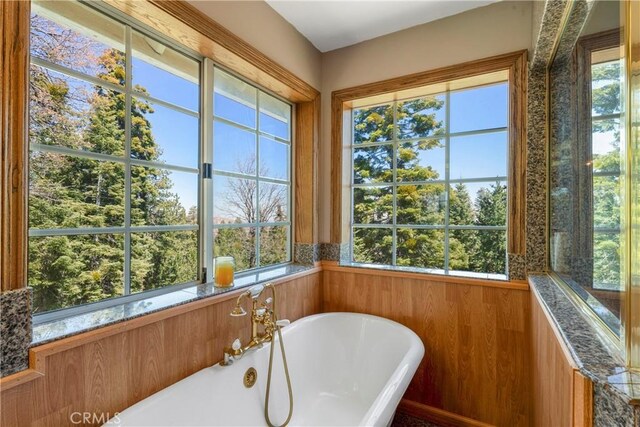 1031 Black Oaks Dr, Lake Arrowhead, CA 92352 - bathroom featuring a freestanding tub, healthy amount of natural light, and wooden walls