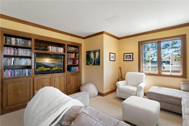 1031 Black Oaks Dr, Lake Arrowhead, CA 92352 - carpeted living area featuring baseboards and ornamental molding