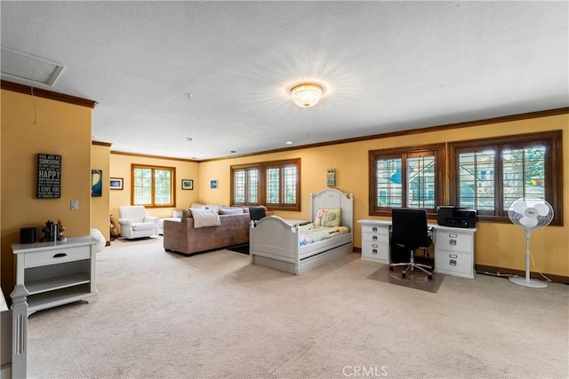 1031 Black Oaks Dr, Lake Arrowhead, CA 92352 - carpeted living room with attic access, ornamental molding, and an office area