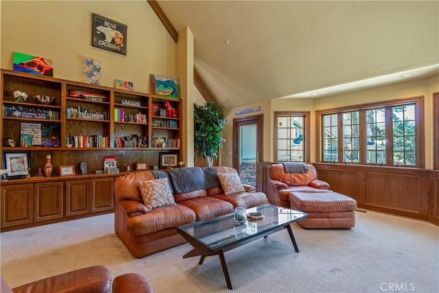1031 Black Oaks Dr, Lake Arrowhead, CA 92352 - living room featuring light colored carpet and vaulted ceiling