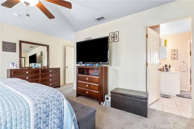 9375 Musselman Dr Unit A, Atascadero, CA 93422 - carpeted bedroom with ceiling fan, visible vents, and lofted ceiling