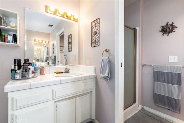9375 Musselman Dr Unit A, Atascadero, CA 93422 - full bathroom featuring vanity, baseboards, a stall shower, and visible vents