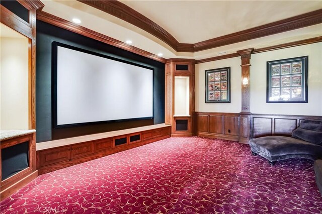 cinema with crown molding, wainscoting, carpet floors, a decorative wall, and recessed lighting