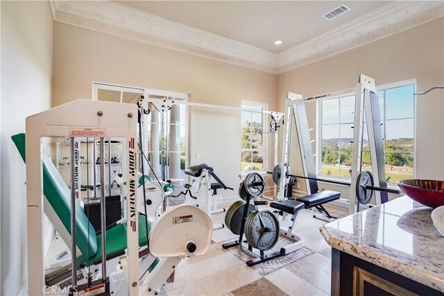 workout area featuring visible vents, crown molding, and tile patterned flooring