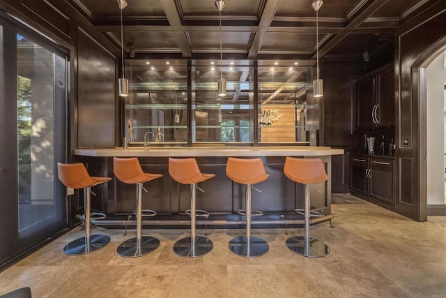 2890 Gate Fifteen Pl, Chula Vista, CA 91914 - community bar area with coffered ceiling, arched walkways, beamed ceiling, wood walls, and ornamental molding