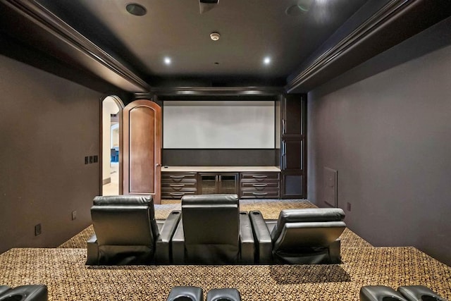 2890 Gate Fifteen Pl, Chula Vista, CA 91914 - home theater room featuring carpet, arched walkways, and recessed lighting