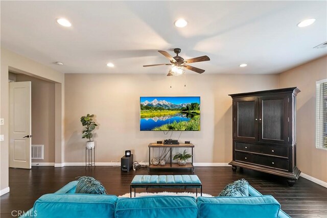 13744 Star Ruby Ave, Eastvale, CA 92880 - living room featuring visible vents, wood finished floors, baseboards, recessed lighting, and a ceiling fan