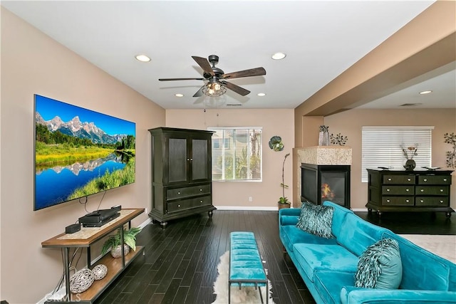 13744 Star Ruby Ave, Eastvale, CA 92880 - living room featuring recessed lighting, baseboards, ceiling fan, and wood finished floors