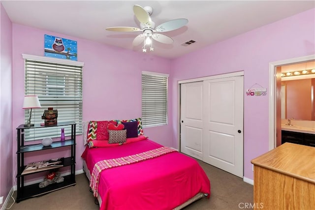 13744 Star Ruby Ave, Eastvale, CA 92880 - bedroom featuring a sink, carpet floors, baseboards, visible vents, and a closet