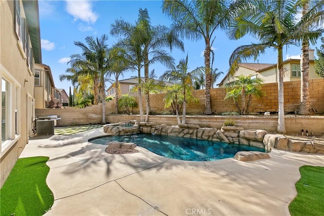 13744 Star Ruby Ave, Eastvale, CA 92880 - view of swimming pool with a fenced in pool, a fenced backyard, a patio area, and central air condition unit
