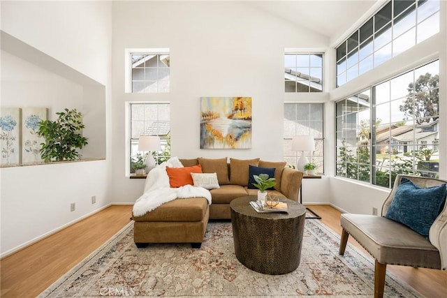 sitting room featuring wood finished floors, baseboards, and high vaulted ceiling