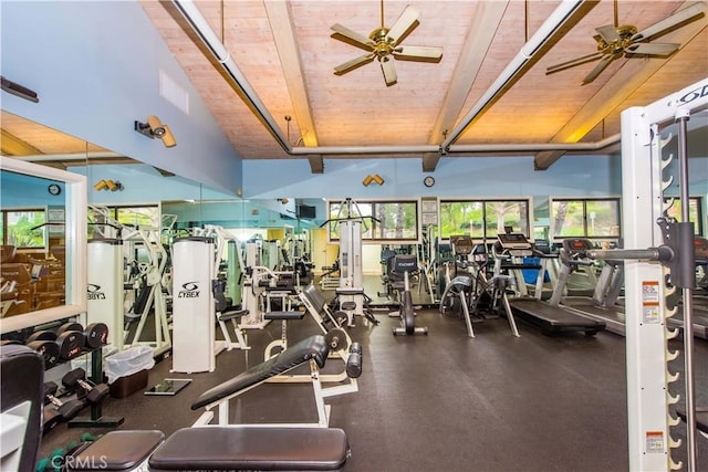 gym featuring ceiling fan, lofted ceiling, and wood ceiling