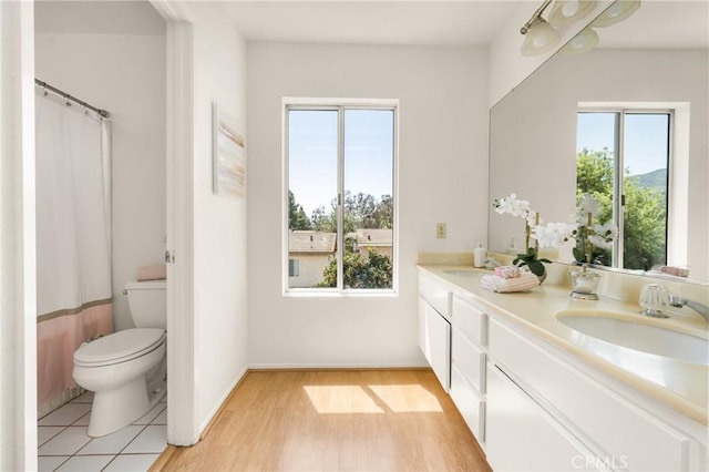 full bath featuring toilet, double vanity, a sink, and wood finished floors