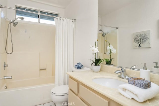 bathroom with toilet, tile patterned floors, shower / tub combo, and vanity