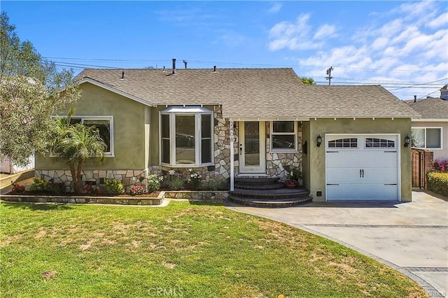 single story home featuring an attached garage, roof with shingles, stucco siding, and concrete driveway