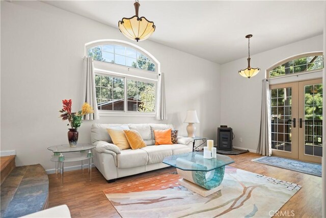 living room featuring french doors, a wood stove, baseboards, and wood finished floors
