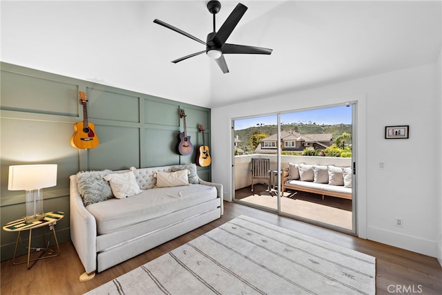 14 Belaire, Laguna Niguel, CA 92677 - living room featuring ceiling fan, wood finished floors, and lofted ceiling