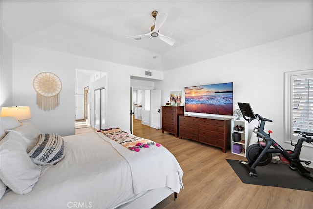 14 Belaire, Laguna Niguel, CA 92677 - bedroom with ceiling fan, visible vents, wood finished floors, lofted ceiling, and ensuite bathroom
