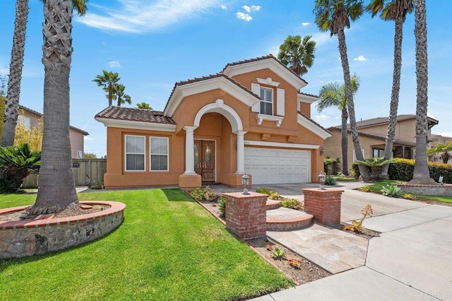 view of front facade with a front lawn, a garage, stucco siding, french doors, and driveway