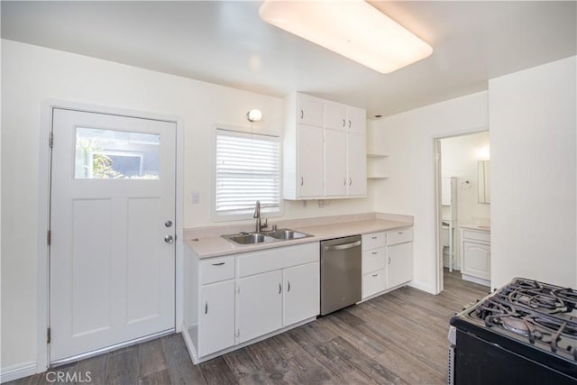 945 10th St, Huntington Beach, CA 92648 - kitchen featuring wood finished floors, dishwasher, a sink, white cabinetry, and gas range oven