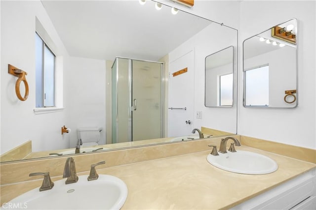 full bathroom featuring a sink, a stall shower, and toilet