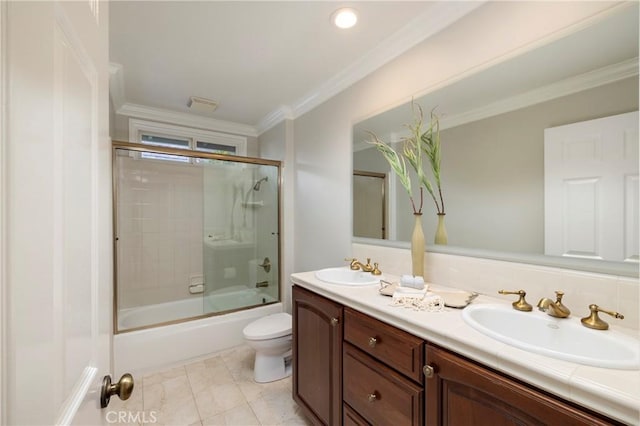 6304 E E W View Dr, Orange, CA 92869 - bathroom with toilet, double vanity, shower / bath combination with glass door, and ornamental molding