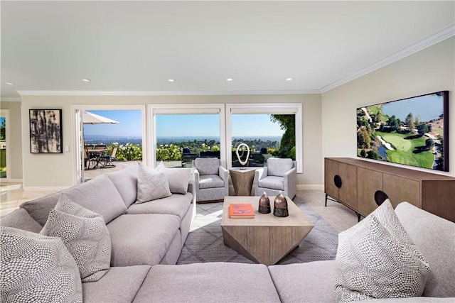6304 E E W View Dr, Orange, CA 92869 - living area featuring ornamental molding, baseboards, and recessed lighting