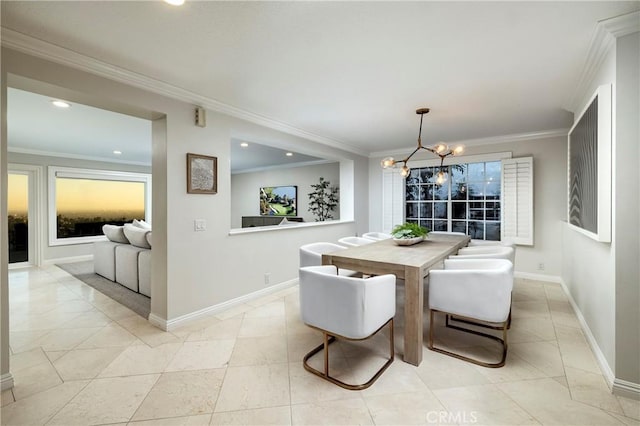 6304 E E W View Dr, Orange, CA 92869 - dining area featuring a chandelier, ornamental molding, baseboards, and recessed lighting