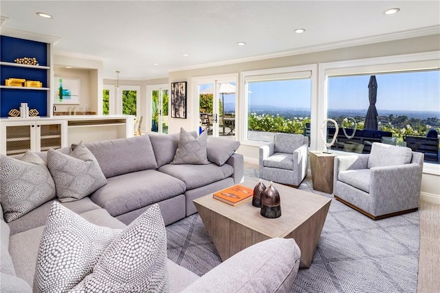 6304 E E W View Dr, Orange, CA 92869 - living area featuring crown molding, recessed lighting, and carpet